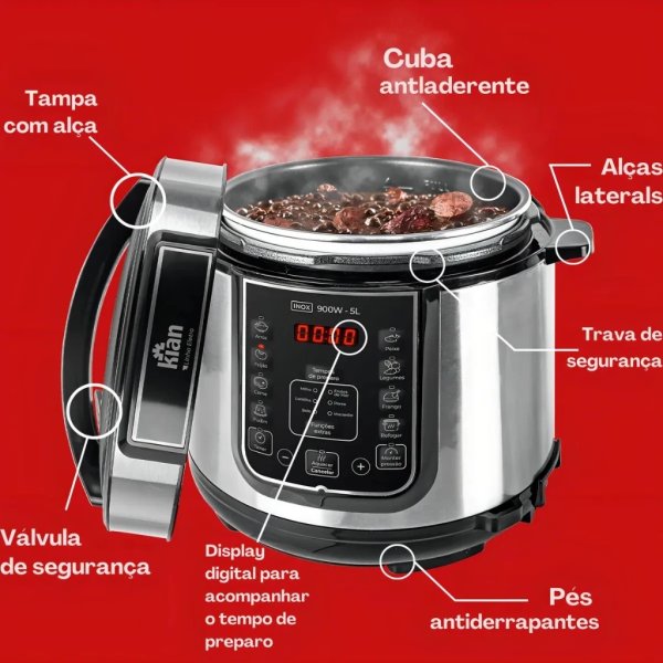 Panela de Pressão Elétrica Digital 5/6 litros Preta ou Inox - kian