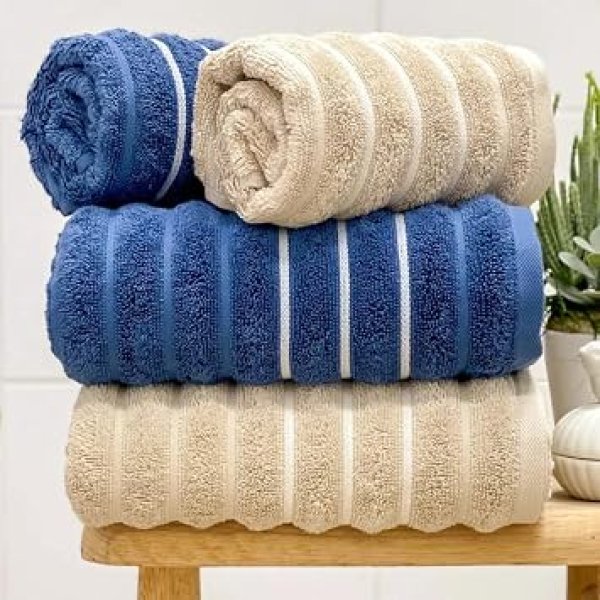 Jogo de Toalha Ondas 100% Algodão 450g/m² 4 Peças Banho e Rosto Bege e Azul