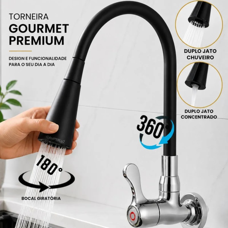Torneira Gourmet Luxo Flexível Cozinha Parede 2 Jatos Pia...
