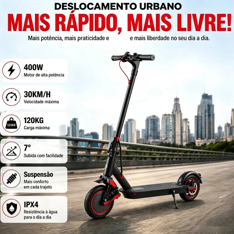 Patinete Elétrico Dobrável 400W 30km/h para Trabalho, Fac...