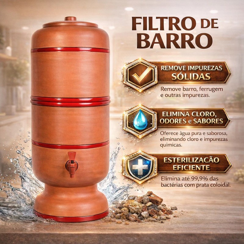 Filtro de Barro Artesanal Premium 06 Litros com Vela Trip...