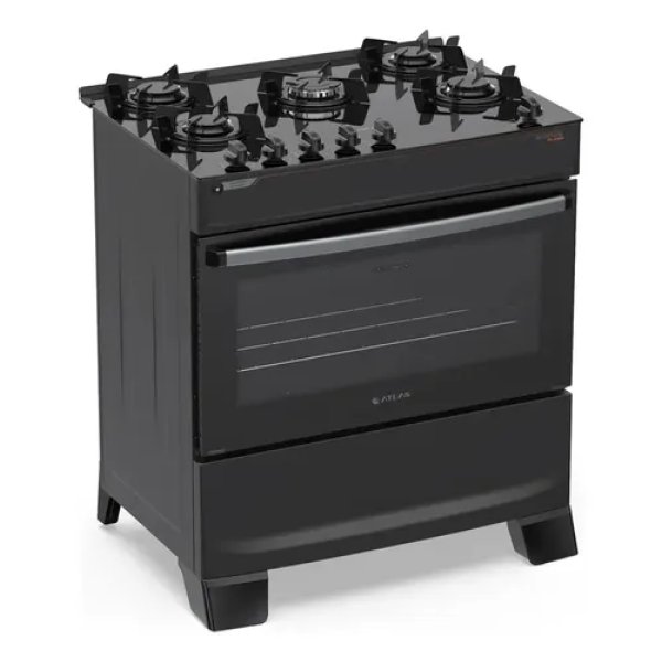 Fogão 5 Bocas Atlas Atenas Glass A Gás com Mesa de Vidro e Mega Chama Preto Bivolt
