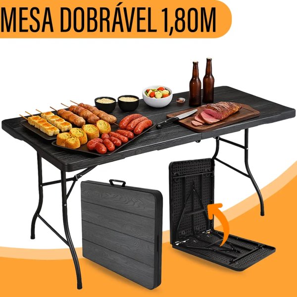Yab - Mesa Dobrável 1,80 M Vira Maleta C/ Alça Resistente Camping Praia Premium Área Externa/interna 180cm Portátil - Cor Preto Amadeirado