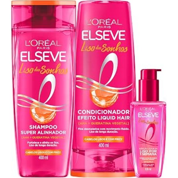 L'Oréal Paris Elseve Liso dos Sonhos Kit Shampoo, Condicionador e Sérum, com Tecnologia Ativada por Calor para um Liso por 1 Semana, Efeito Antifrizz e Barreira Protetora Contra Umidade