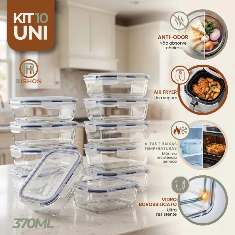 Kit 10 Pote De Vidro Marmita Hermético 370ml Freezer Fitn...