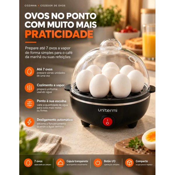 Cozedor de Ovos Elétrico Portátil a Vapor para até 7 Ovos com Desligamento Automático ViaCruz