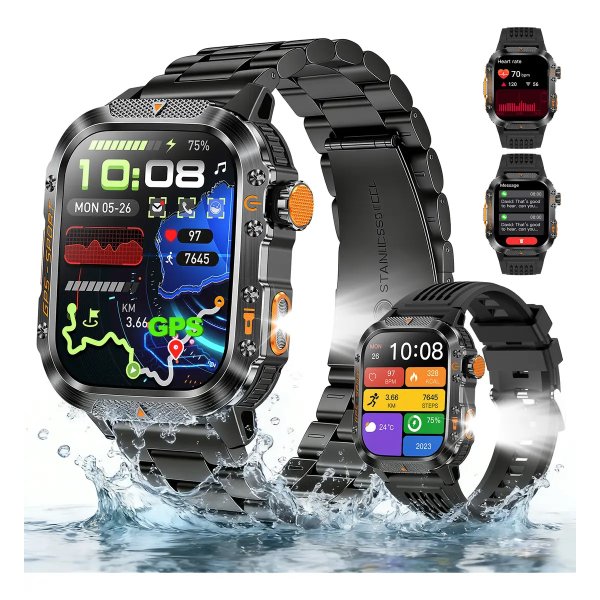 Relógio Inteligente Smartwatch GPS Autônomo NOVANTE Masculino Feminino Chamadas Bluetooth Preto Esportivo Tática Agua 3ATM 430mAh Android IOS Com Pulseira De Aço Lanterna Bússola Dia dos Pais Presente
