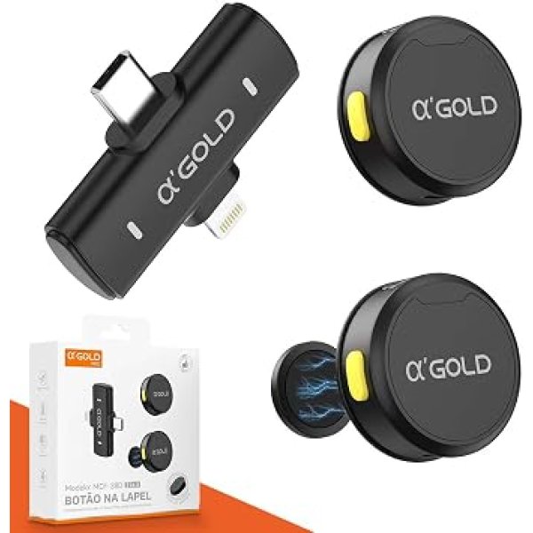 Microfone de Lapela Sem Fio Bluetooth Kit 2 Microfonones Abafamento de Ruído Até 10 Horas Tempo de Trabalho Compatível com Camera, iPhone, Android, PC - Conexão Android e USB-C - Linha AGold Premium