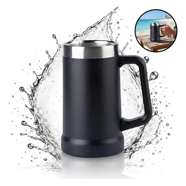 Caneca Térmica Preta de Aço Inoxidável 720 mL Com Parede Dupla e Alça Para Cerveja, Café e Chopp