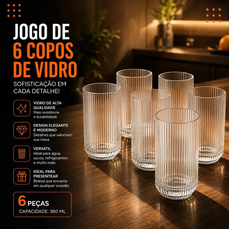 Jogo 6 Copos Vidro Canelado 423ml Moderno Elegante Premiu...
