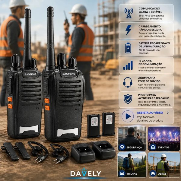 Kit 2 Rádios Comunicadores Walkie Talkie Baofeng 777S Profissional Eventos Radinho walk talk - Com Fone Microfone e Acessórios - Radio De Comunicação Segura Longo distancia Com 16 Canais Davel