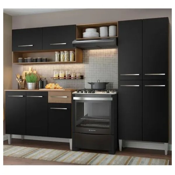 Armário de cozinha modulada completa compacta Emilly pop com armário e balcão cor rustic/preto GREM229002