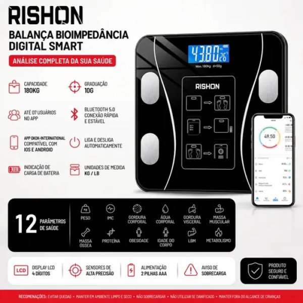 Balança Bioimpedancia Digital 180kg Smart Imc Profissional Rishon Com Aplicativo