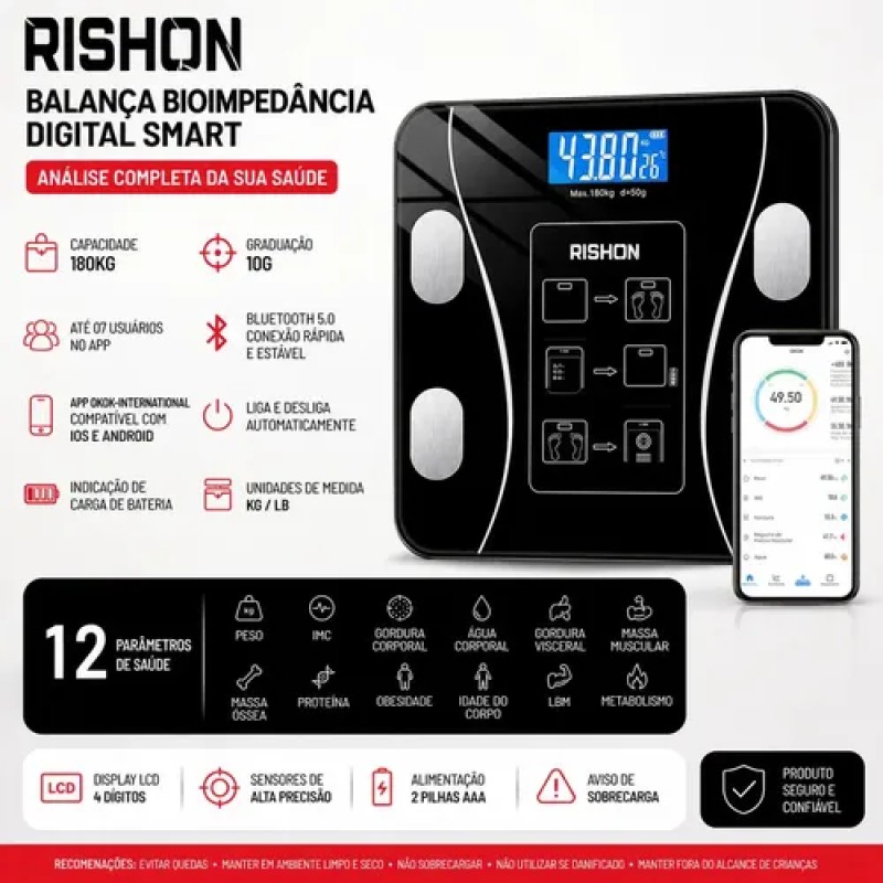 Balança Bioimpedancia Digital 180kg Smart Imc Profissiona...