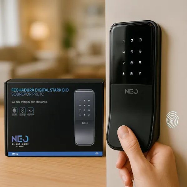 Fechadura Digital Inteligente Stark Sobrepor Wi-FI Biometria Preto Cod: 360535871 Neo Avant