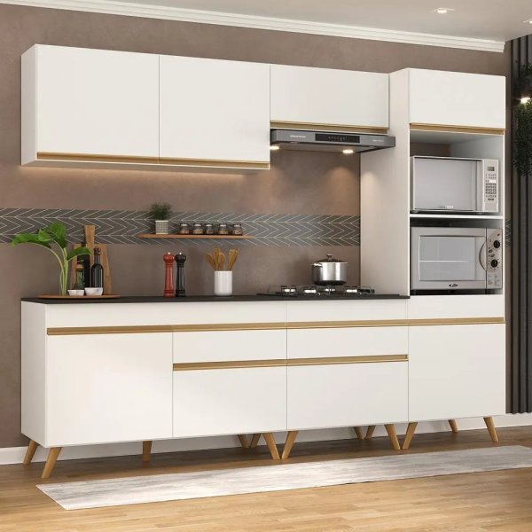 Armário de Cozinha Completa Modulada Retrô 5 peças Balcão com Tampo e Torre Quente para Forno e Micro-ondas MP3713 Veneza GW Multimóveis Branca