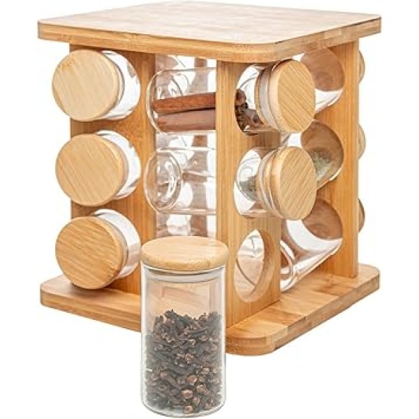 WOLFF - Conjunto 12 Potes em Borossilicato com Tampa Hermética e Rack Giratório em Bambu 120ml - Porta temperos com suporte