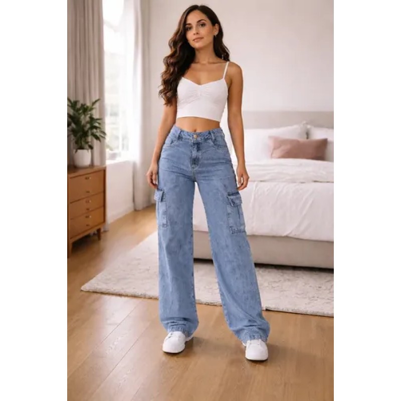 Calça Cargo Feminina Wide Leg Cintura Alta Jeans Stillger