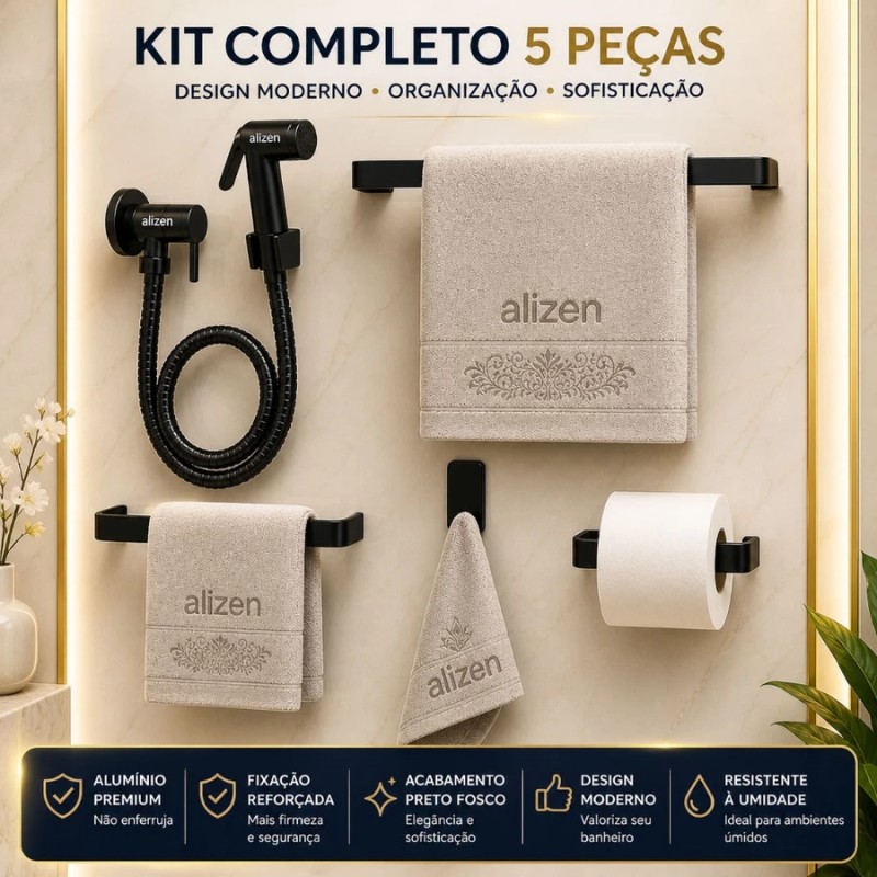 Kit Banheiro Preto Acessórios Ducha Higiênica Porta Toalh...
