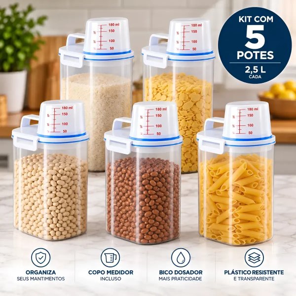 Kit 5 Potes Herméticos 2,5l Bico Dosador Copo Medidor