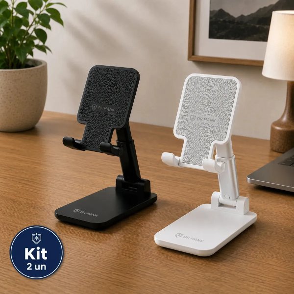 Kit 2 Suportes Celular Tablet De Mesa Ajustável Dobrável Universal Dr Hank Branco E Preto Base Antiderrapante Suporte Ergonômico Altura Regulável