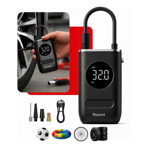Mini Compressor Digital Portátil Rezzet para Carro Moto e Bicicleta com Calibrador Digital Inflador Elétrico de Pneus LCD Lanterna LED Compacto e Recarregável Preto