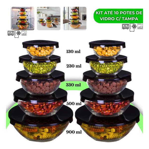 Kit 10 Potes De Vidro Hermético Com Tampa Tigela Redondo Freezer Micro-ondas Marmita Ideal para Alimentos e Refeições VYROX