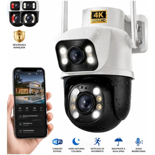 Câmera de Segurança Wi-Fi iCSee/Yoosee A28B 4K Dupla Lente Visão Noturna Colorida Full Hd Externa Prova D'água Ip66 Sensor Movimento Woosh
