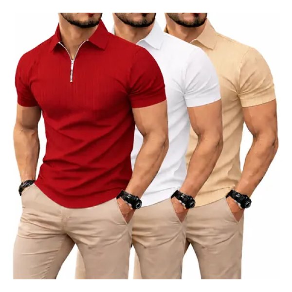 Kit 3 Camiseta Polo Manga Curta Com Zíper Masculina Canelada