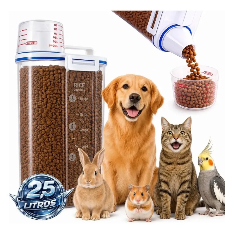 Porta Ração Pote Com Tampa Pet Gato Cachorro Dispenser Po...