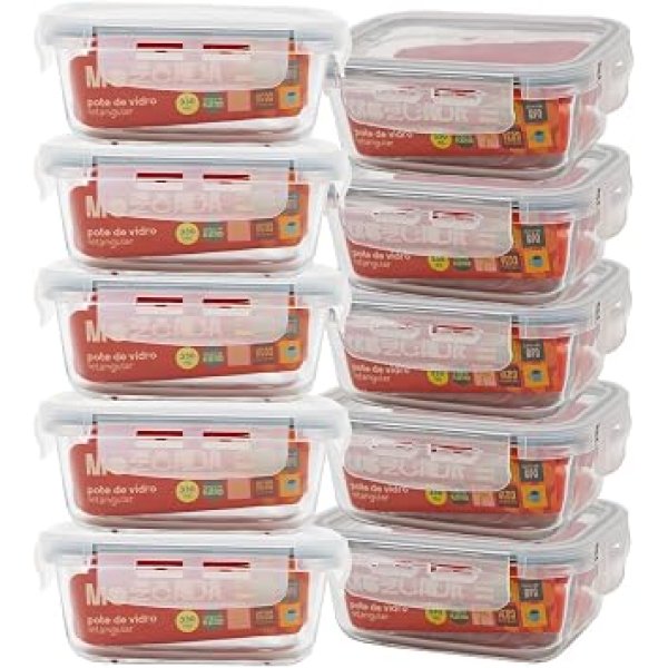 Mozcada - Kit 10 Potes de Vidro Marmita 330ml Hermético com Trava Retangular