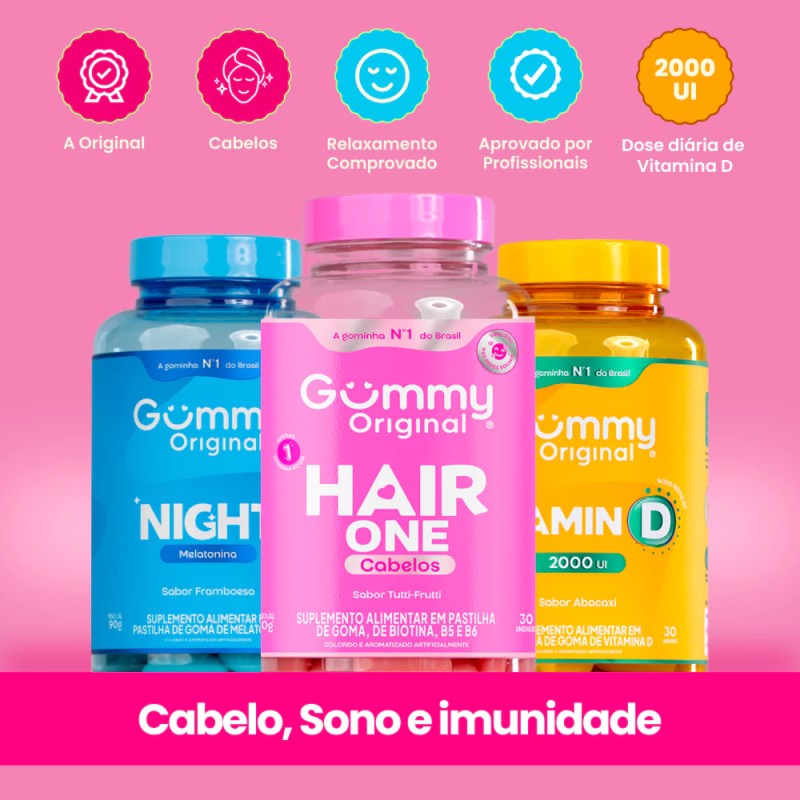 Kit Gummy Night Hair e Vitamina D 3 Frascos Melatonina Bi...