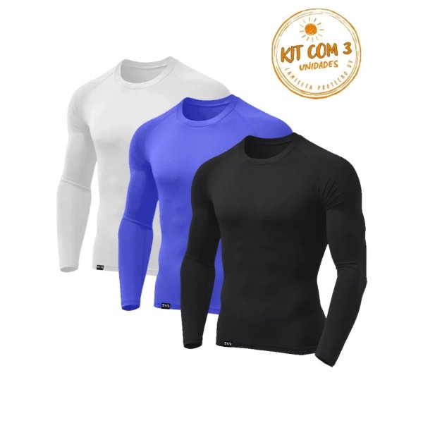 Kit 3 Camisetas Masculinas Segunda Pele Proteção UV Térmica