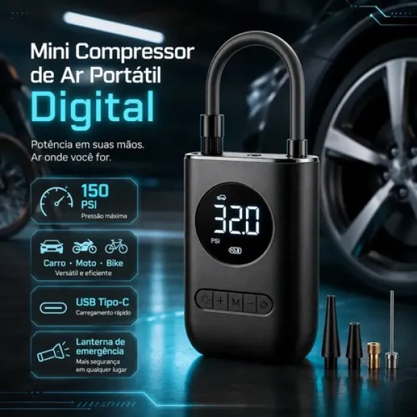 Compressor De Ar Digital Mini Portátil Recarregável Usb-c Para Pneus De Bicicleta Moto Carro Bolas Infláveis Preto