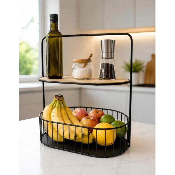 Fruteira De Mesa 2 Andares Metal E Bambu Organizador Cozinha