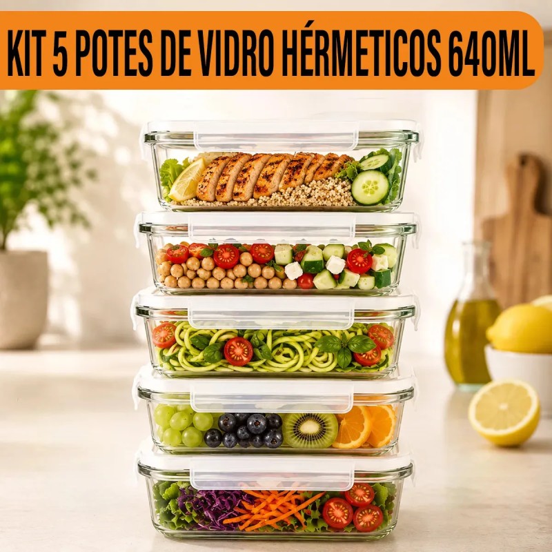 Yab - Kit 5 Potes De Vidro Marmita C/ Tampa Hermético 640...