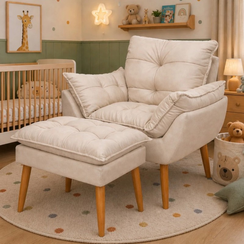 Kit Poltrona e Puff Bege Suede Decorativo Amamentação Pés...
