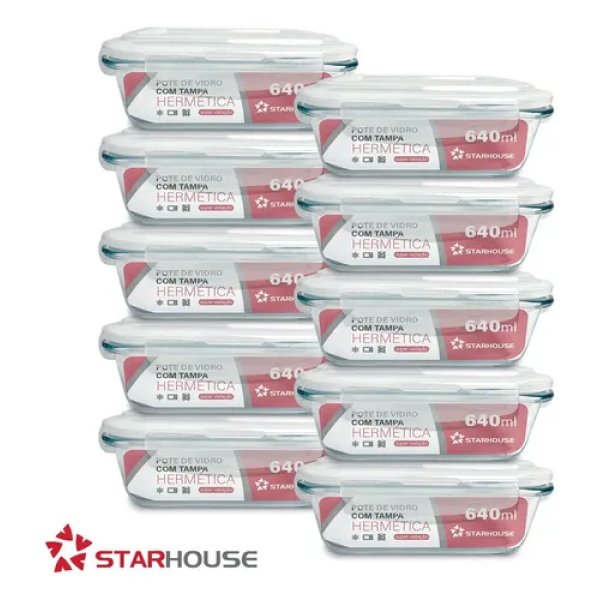 Kit 10 Potes Herméticos Vidro 640ml Starhouse Marmita Forno Micro-ondas