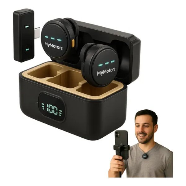 Microfone Lapela Redondo Imã Sem Fio Tipo C Preto Anti Ruído Duplo MyMotors Para Android E iPhone 15 16 E 17