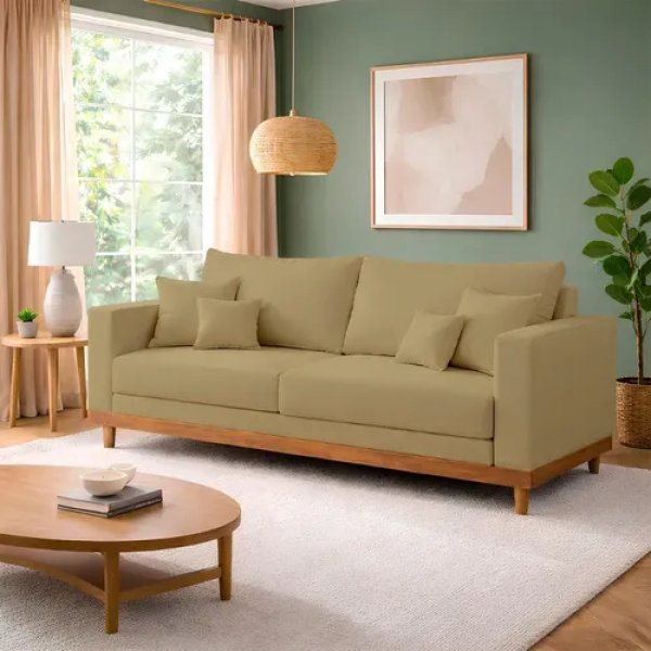 Sofá Living 2 Lugares Suede Resistente Madeira + Almofadas