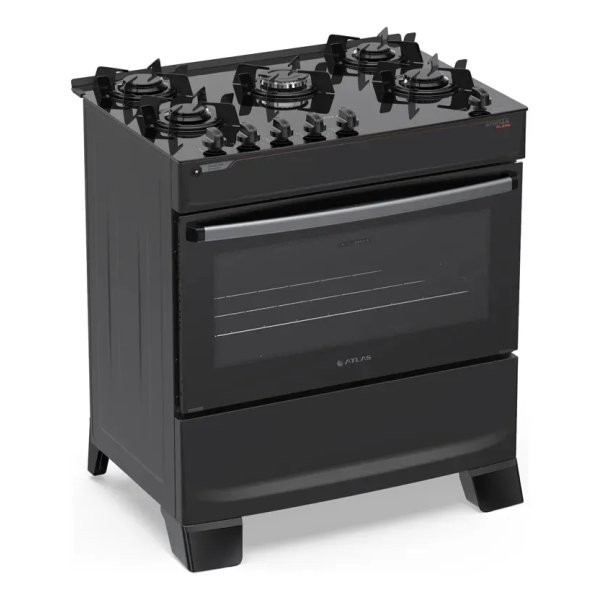 Fogão 5 Bocas Atlas Atenas Glass A Gás com Mesa de Vidro e Mega Chama Preto Bivolt