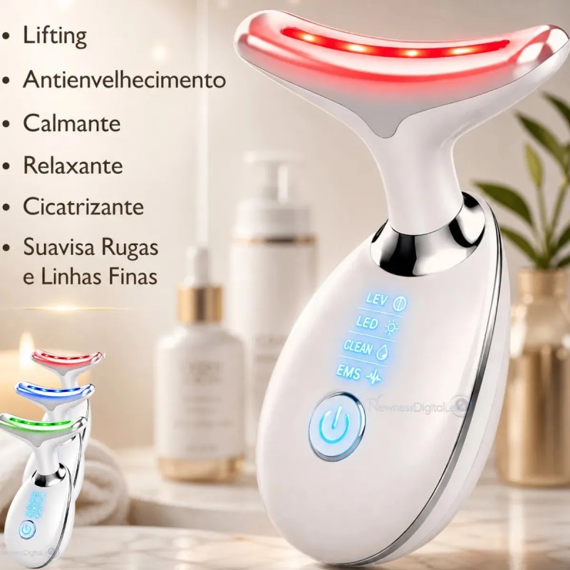 Massageador Facial e Pescoço com LED, Vibração e Fototera...