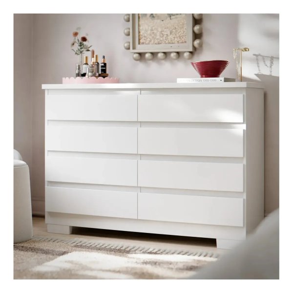 Cômoda 8 Gavetas Pés E Corrediças Telescópicas Para Quarto Grande De Casal Guarda Roupas Grécia Cor Branco.