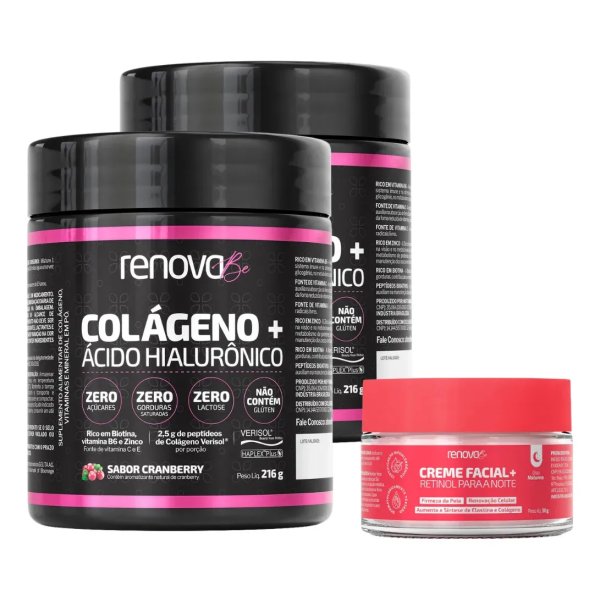 Kit 2x Colágeno + Ácido Hialurônico Verisol Renova Be Colágeno Hidrolisado Zero Lactose Vitaminas E, C, B6 Biotina e Zinco + Creme