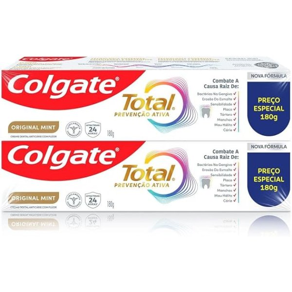 Colgate Creme Dental Total Original Mint 2x180g | Prevenção Ativa, Anticárie com Flúor, Combate o Mau Hálito