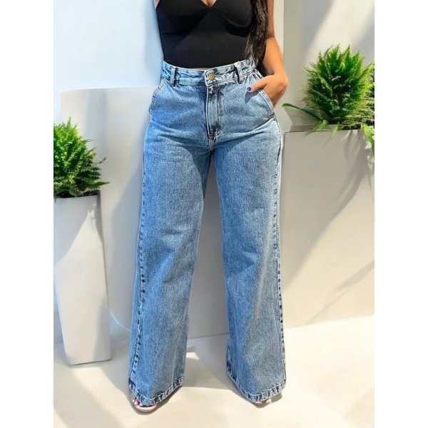Calça Wide Leg Jeans Feminina Marmorizada Cintura Alta 100% Algodão Premium