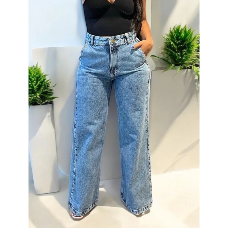 Calça Wide Leg Jeans Feminina Marmorizada Cintura Alta 10...