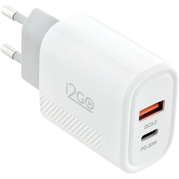 Carregador de Parede Ultra Rápido com 1 Saída USB-C Power Delivery 20W + 1 Saída USB-A 18W I2GO - i2GO PRO, Branco