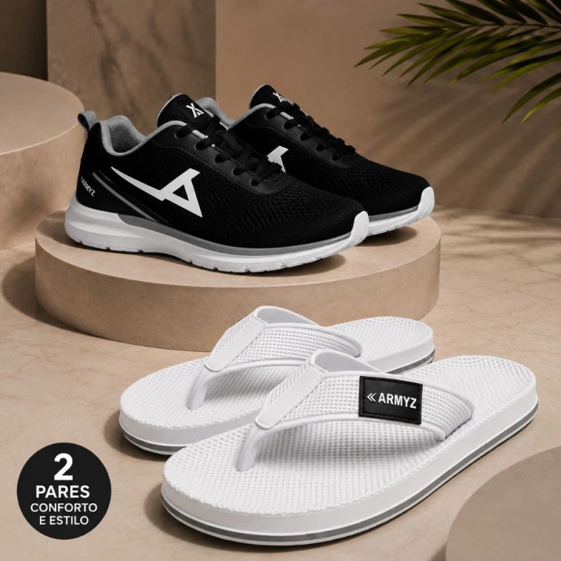 Kit Tênis Esportivo + Chinelo Masculino Leve Confortável ...