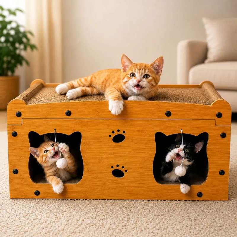 Toca Dupla Para Gatos Arranhador Mdf Com Bolinha Day Luna